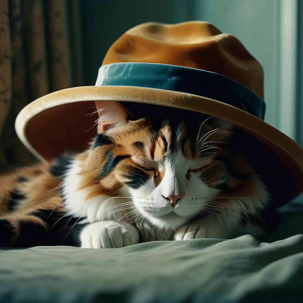 Calico Cat Dreams in Velvet Hat: Cinematic Still