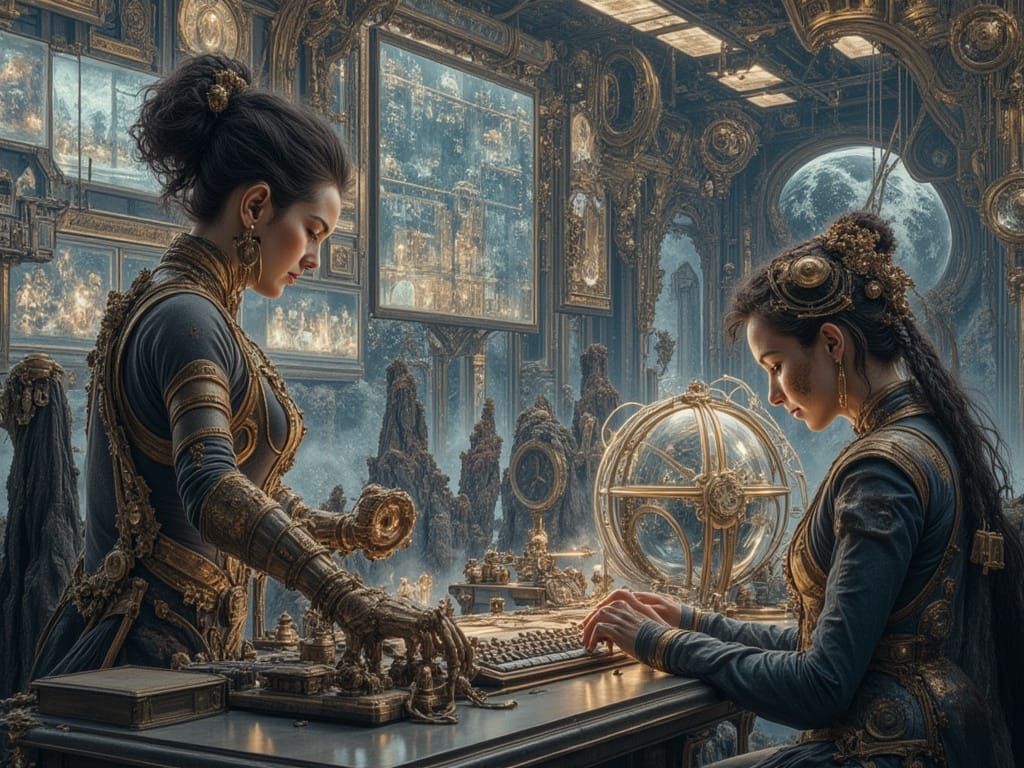 Steampunk & Future Women Working in Futuristic Office