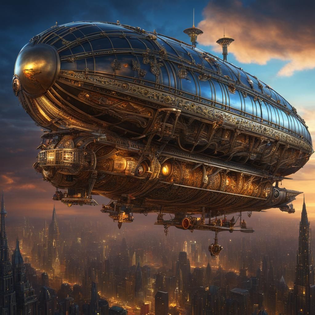 Steampunk Zeppelin Over Cyberpunk Gothic City