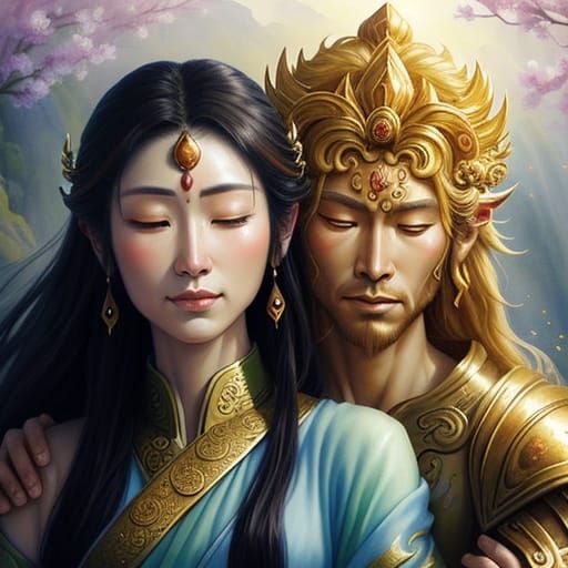 Guan Yin and Sun Wukong Embrace in Watercolor Fantasy