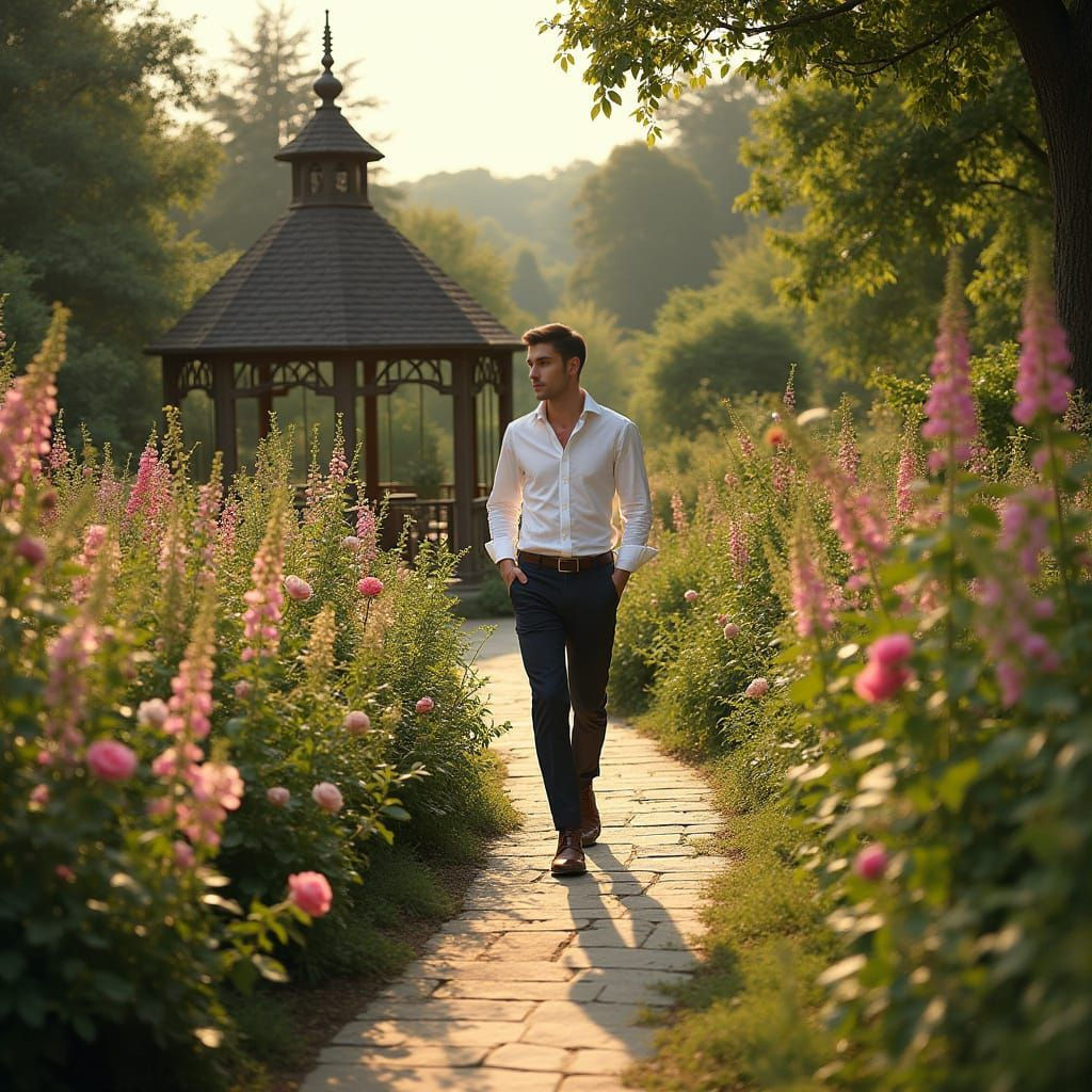 Enchanted Garden Scene with Handsome Gentleman