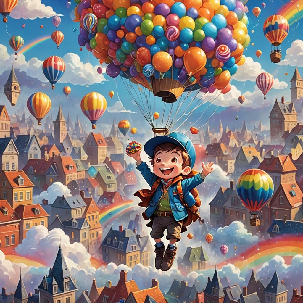 Boy in Balloon Throws Candy in Rainy Rainbow Sky