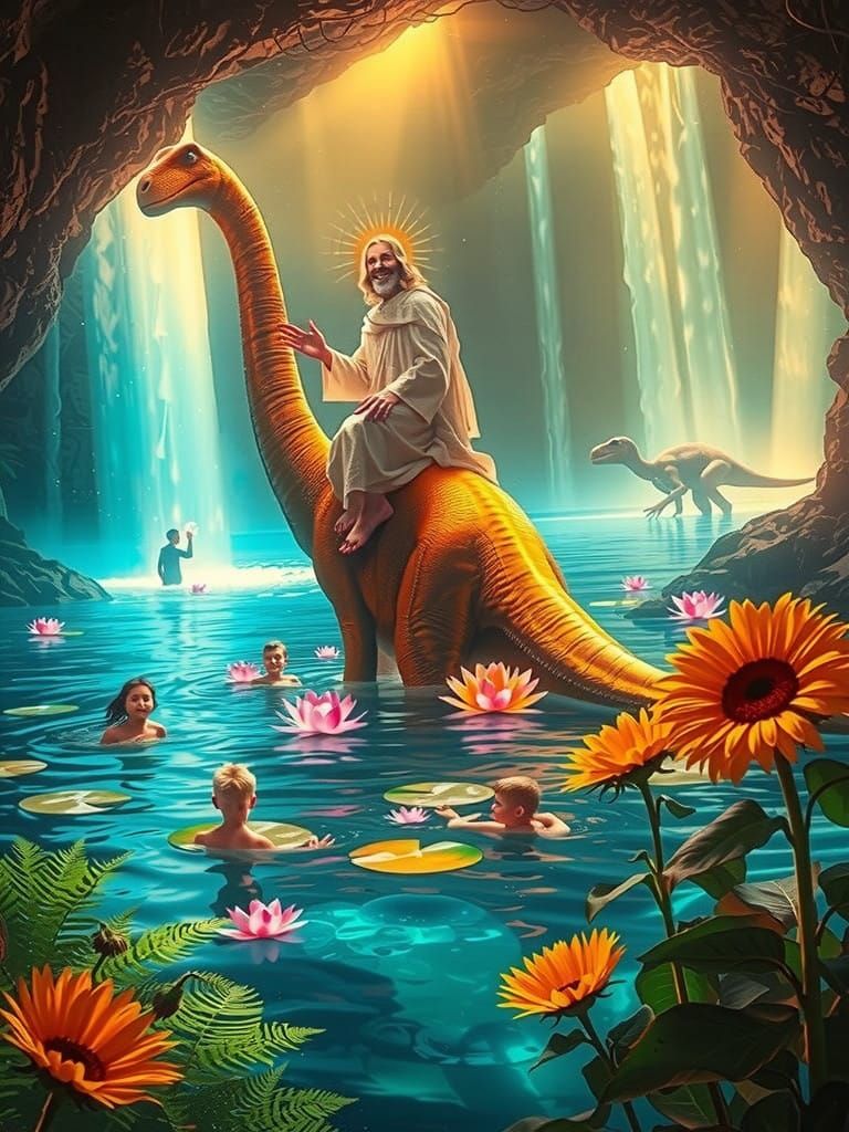 Jesus Riding a Neon-Lit Brachiosaurus in a Radiant Cavern