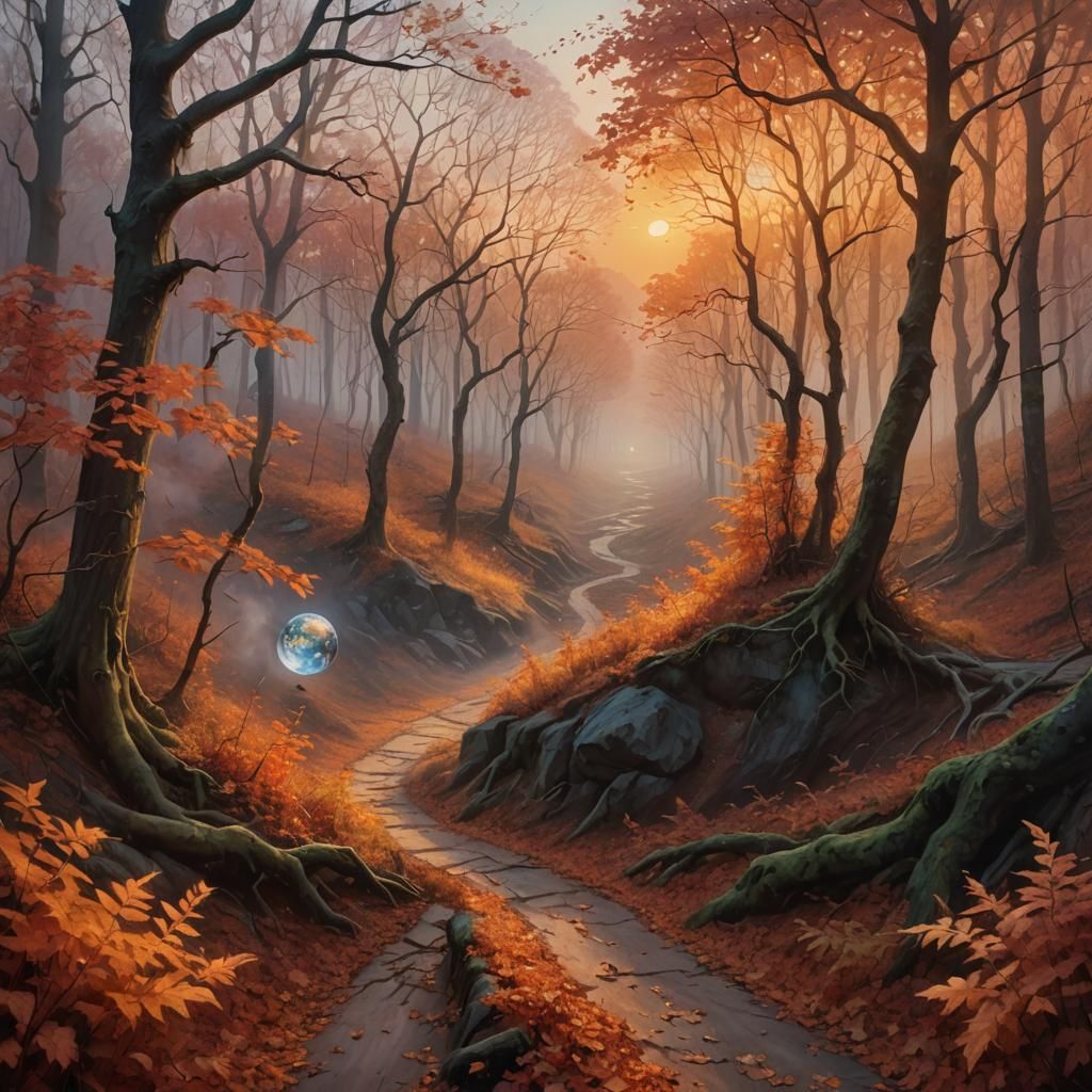 Ethereal Autumn Path Under Sunset, Fantasy Art