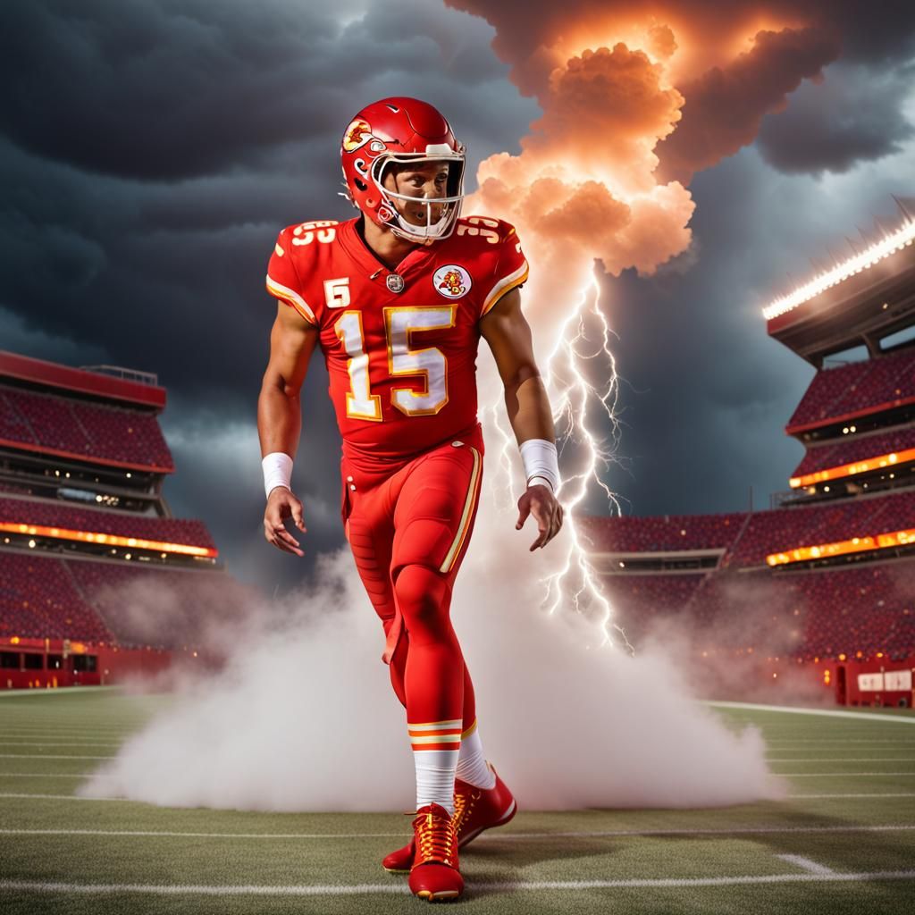 Giant Football Player Dominates Stadium in Storm