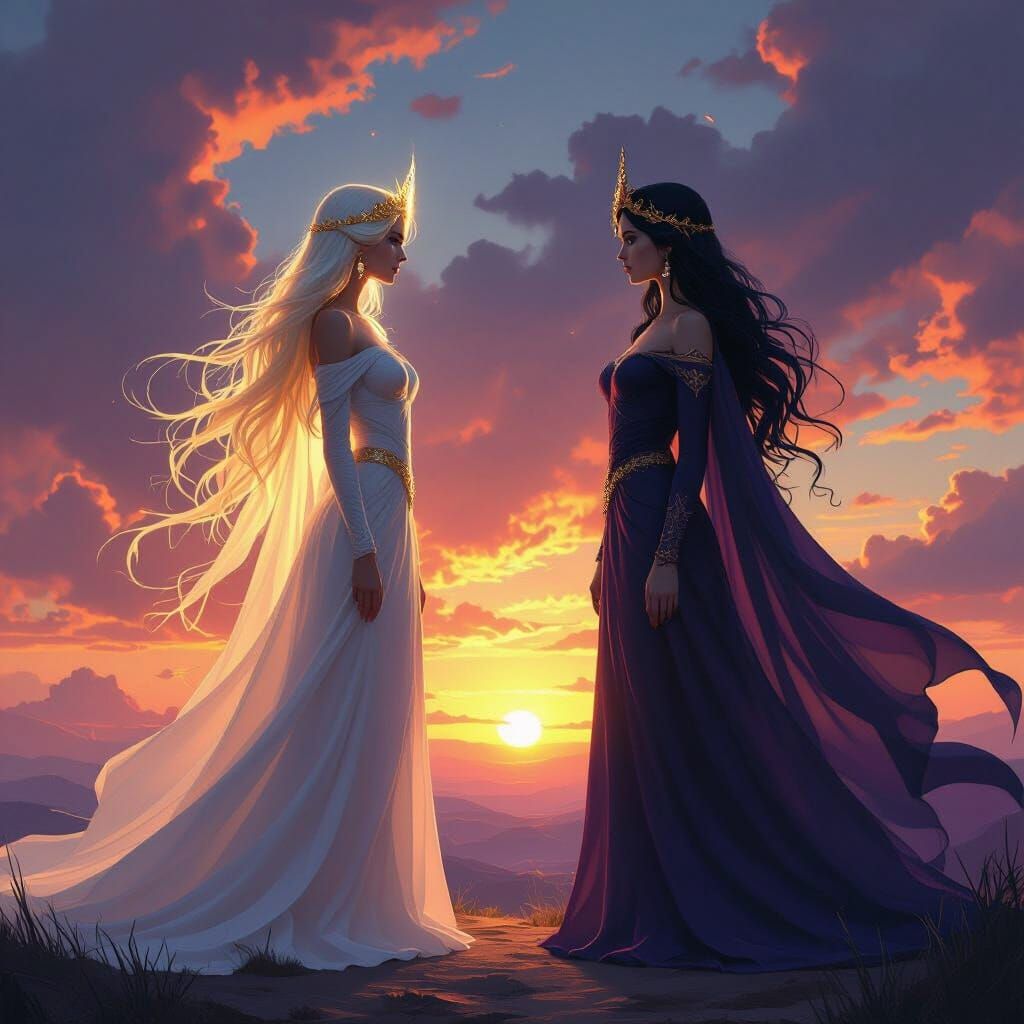 Goddess of Light and Dark at Fiery Sunset