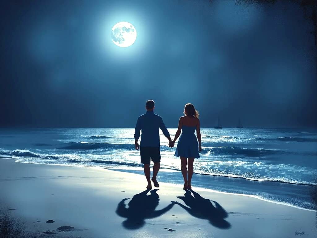 Moonlit Stroll by the Sea