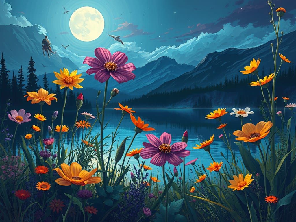 Ethereal Wildflower Dreamscape in Cyberpunk Style