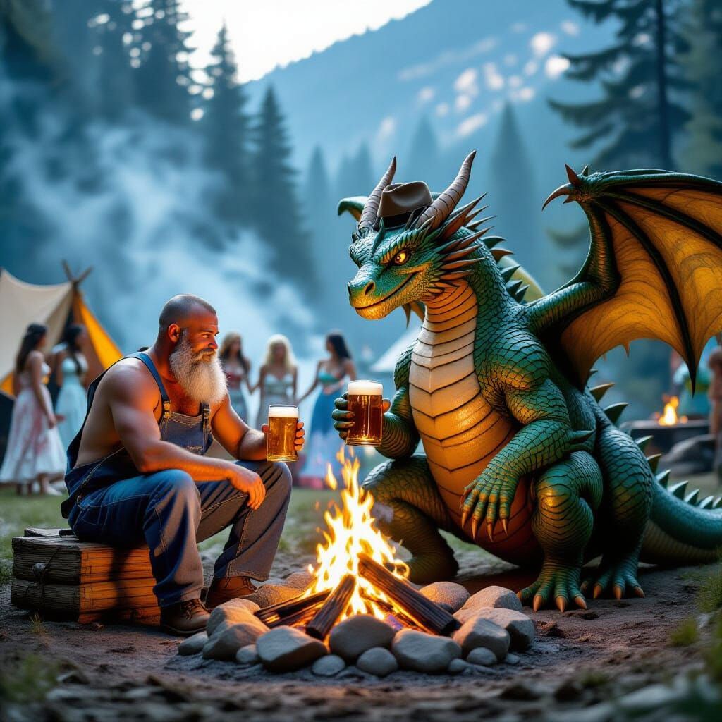 Plumber and Dragon Share a Beer by Campfire