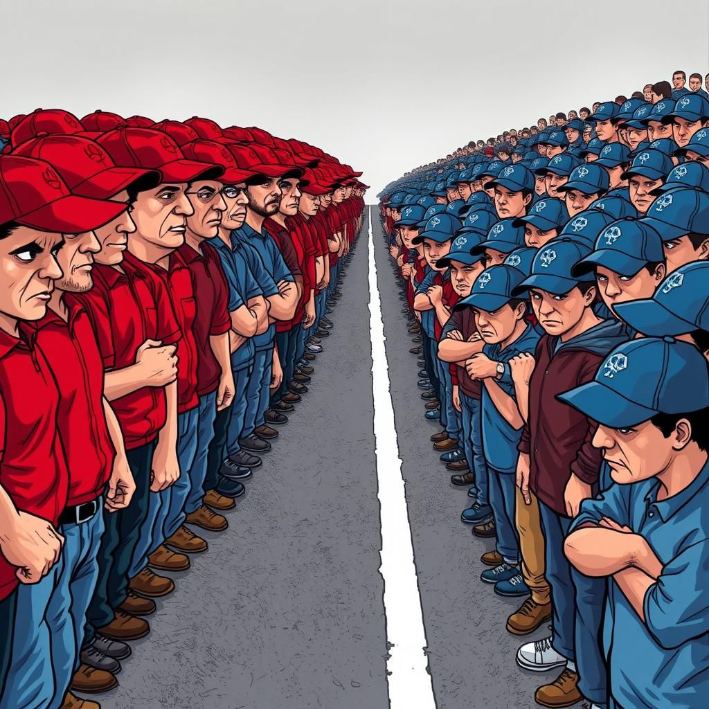 Angry Crowds Divided by Line in Bold Illustration