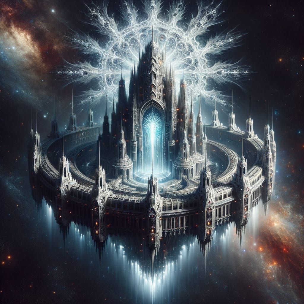 Gothic Space Station Radiates Ethereal Light in Deep Space