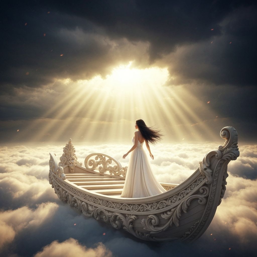 Fantasy Woman on Cloud Boat with Golden Sunlight