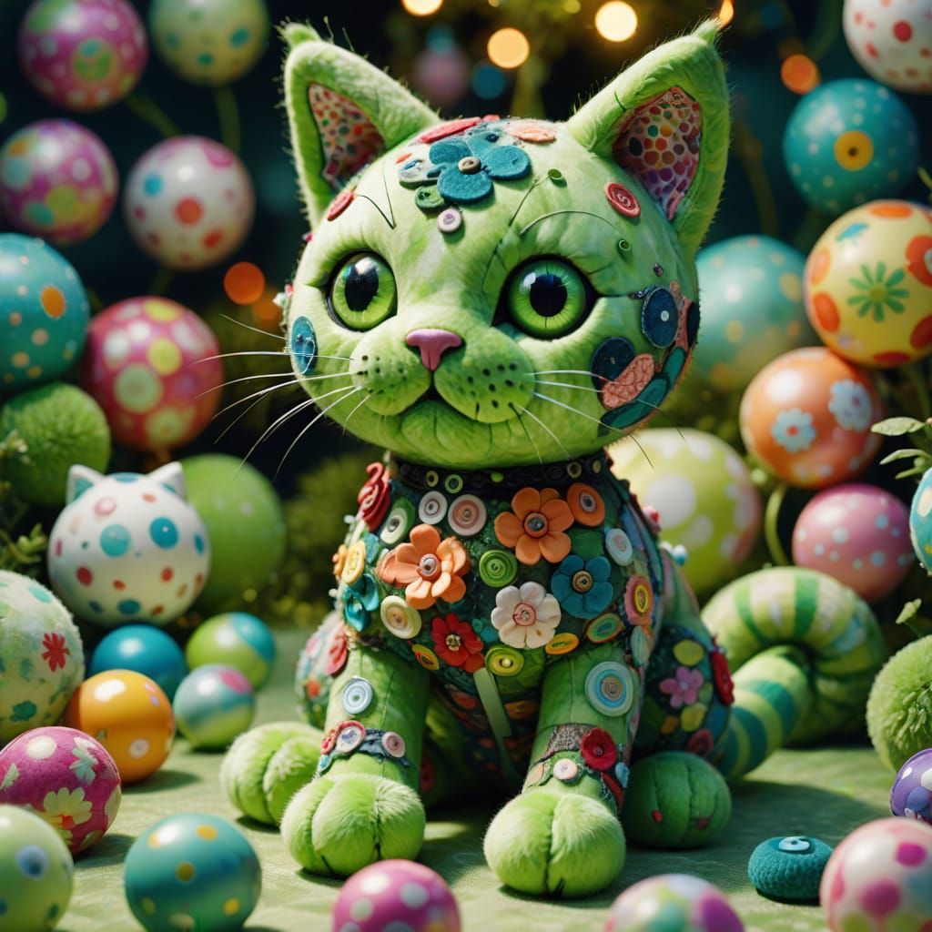 Patchwork Cat Controls Toys in Surreal Dreamscape