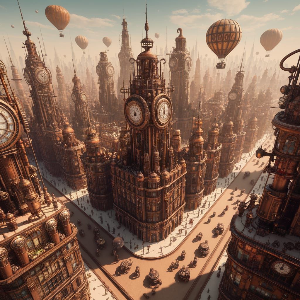 Steampunk Metropolis: Bird's Eye View in Hyperreal Style