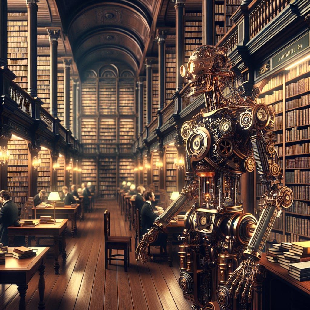 Steampunk Cyborg-Robot Among 19th Century Library Shelves