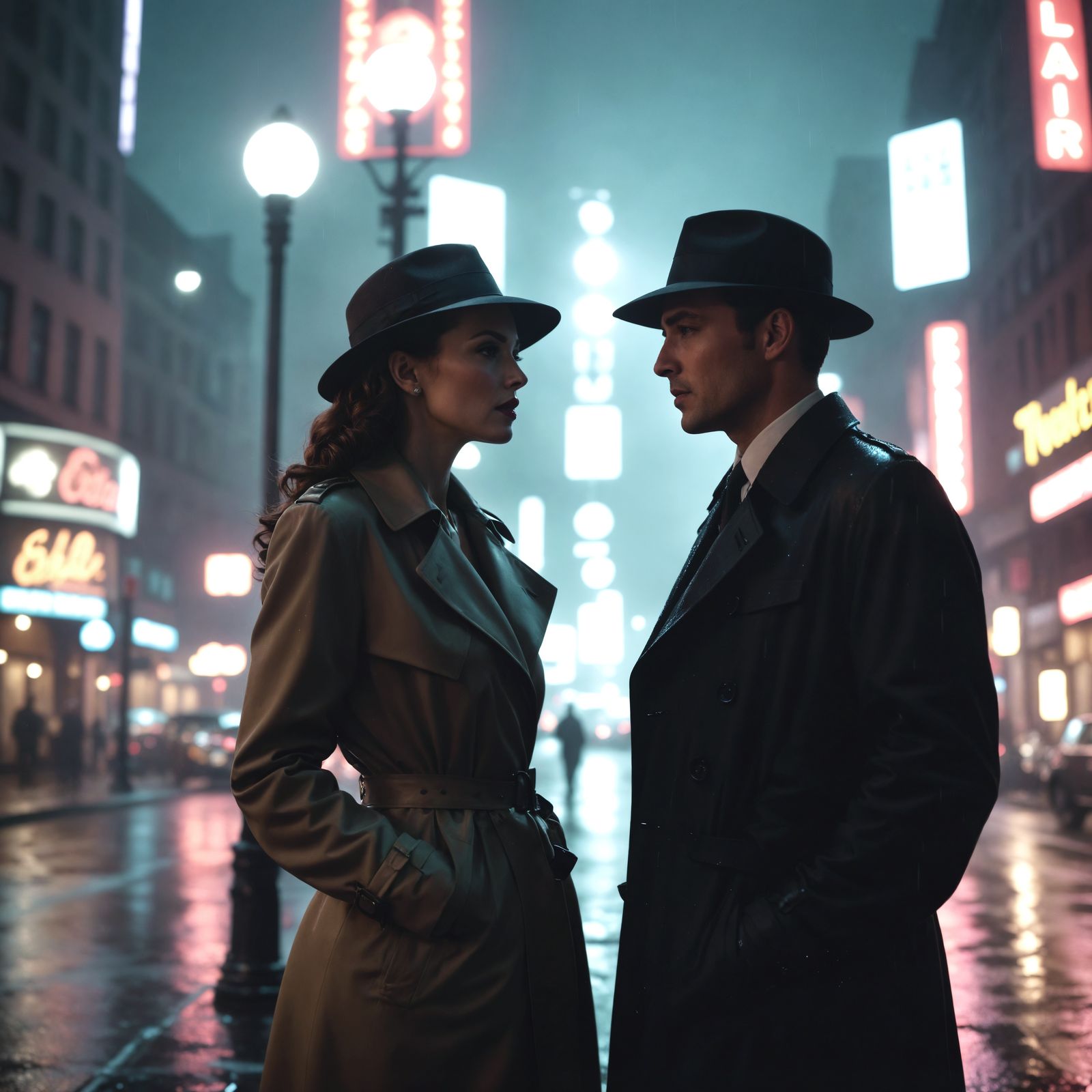 Rainy City Night in Film Noir Style