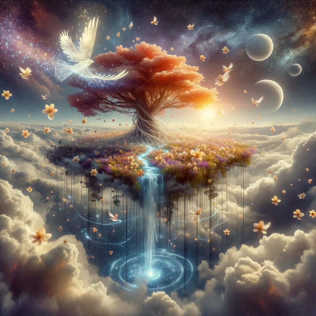 Floating Floral Paradise in Vibrant Cosmic Colors