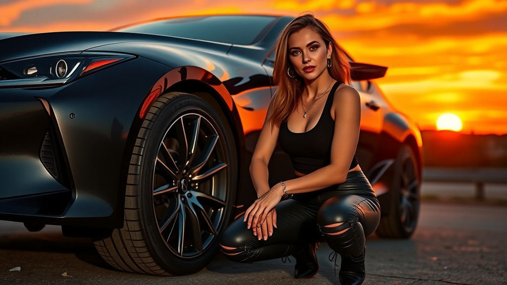 Confident Woman Changes Tire at Sunset