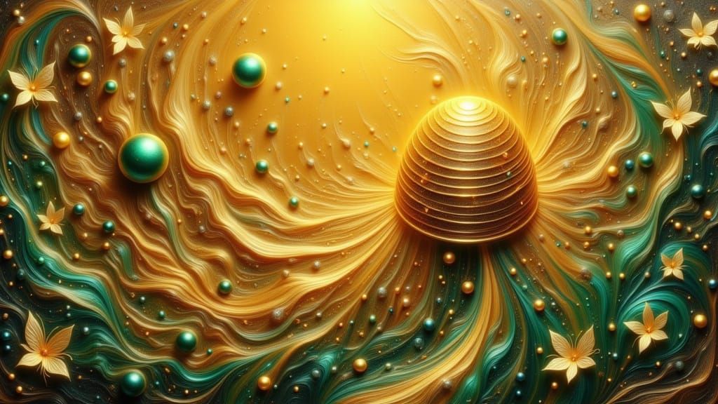 Surreal Metallic Gold and Green Foil Artwork of a Vibrant Ab...