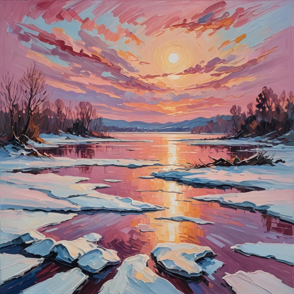 Pink Sunset Frozen Lake Waves as Oil Painting