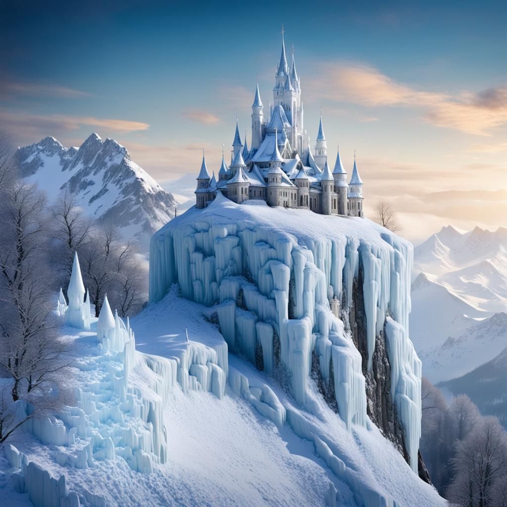 Enchanted Ice Princess Castle in Snowy Mountains