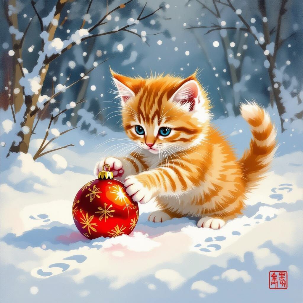 Ginger Kitten Plays with Bauble in Snow, Gongbi Style