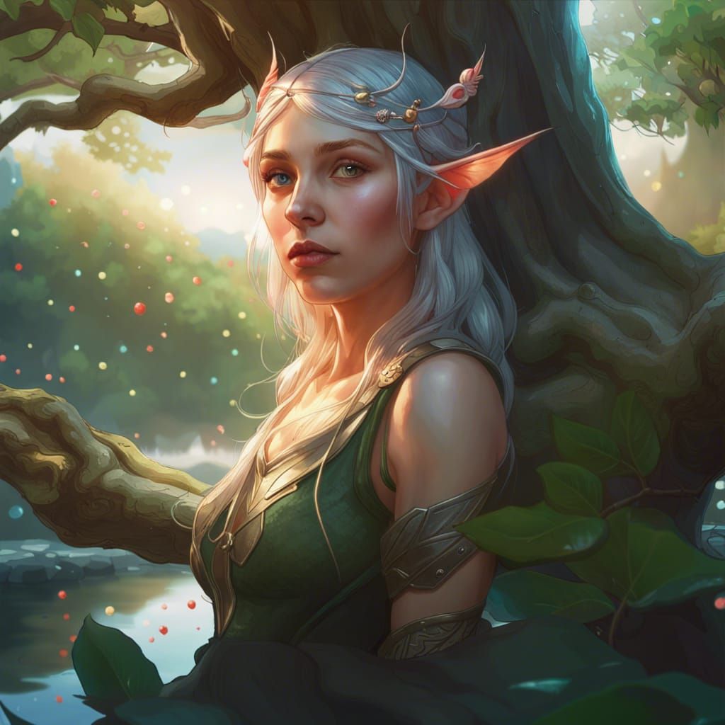 Elf Girl Portrait in Fairy Tree, Digital Art