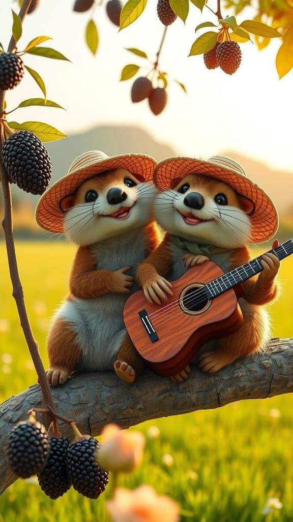 Pixar Style Marmots Playing Music in a Tree