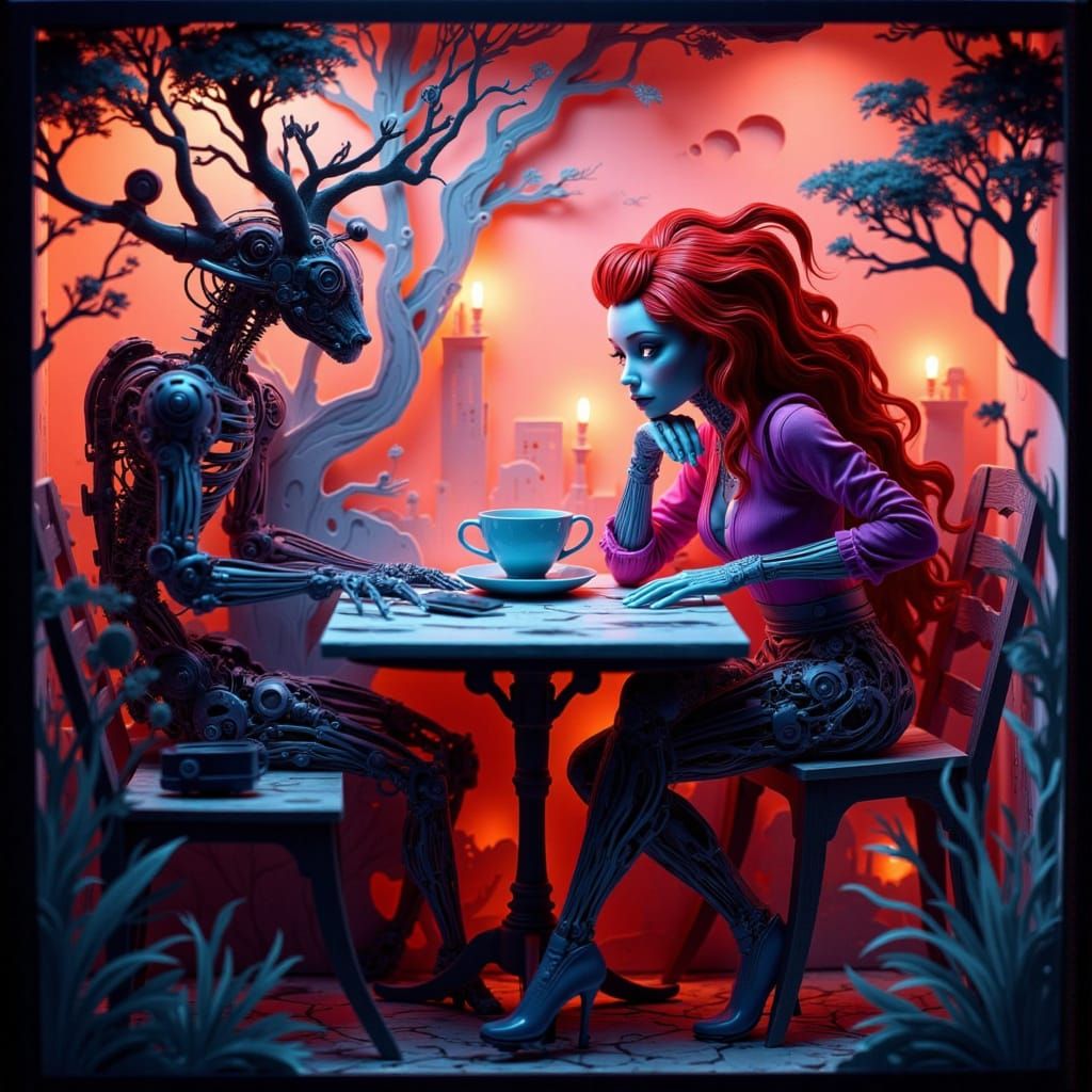 Biomechanical Woman at Cafe: Shadowbox Papercut Diorama