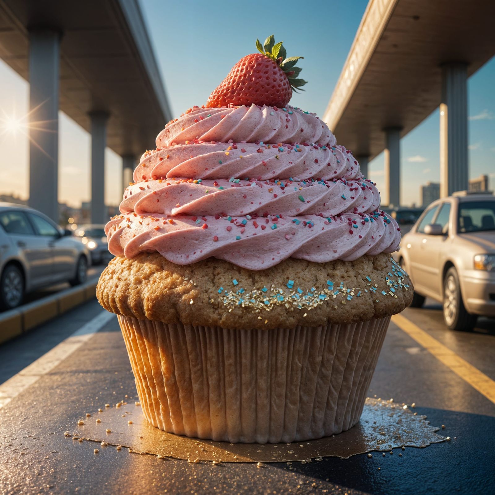 Gigantic Cupcake with Strawberry Icing on Highway