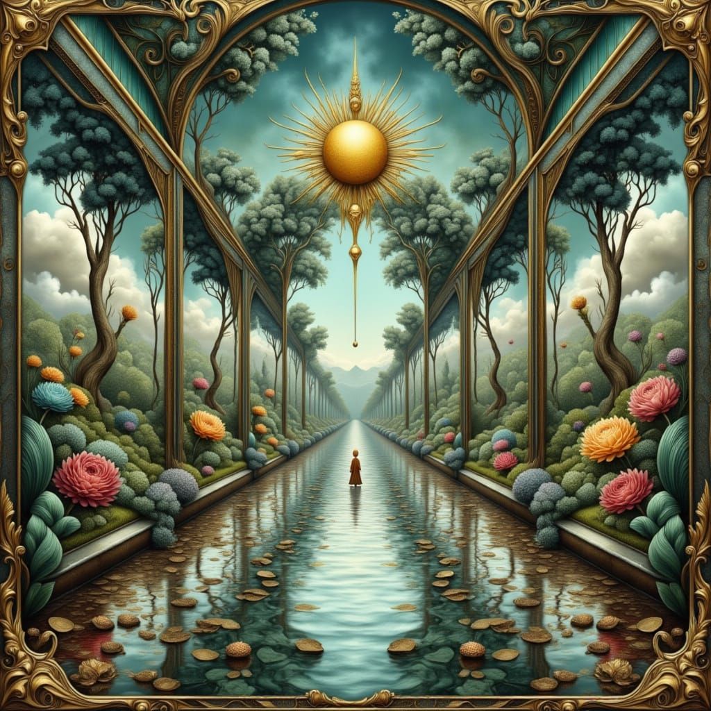 Surreal Mirrored Hall with Whimsical Reflections