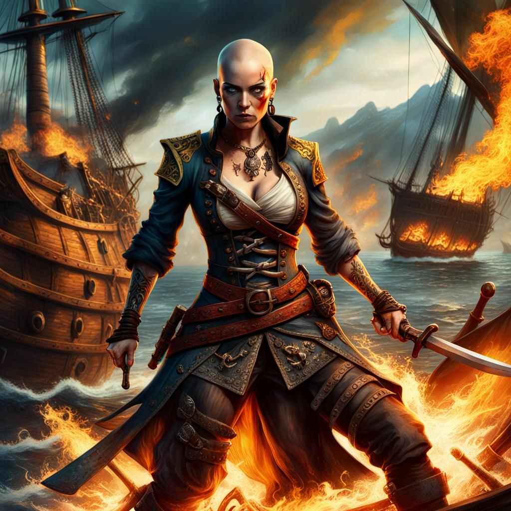 Grimdark Pirate Queen in Burning Ship Battle