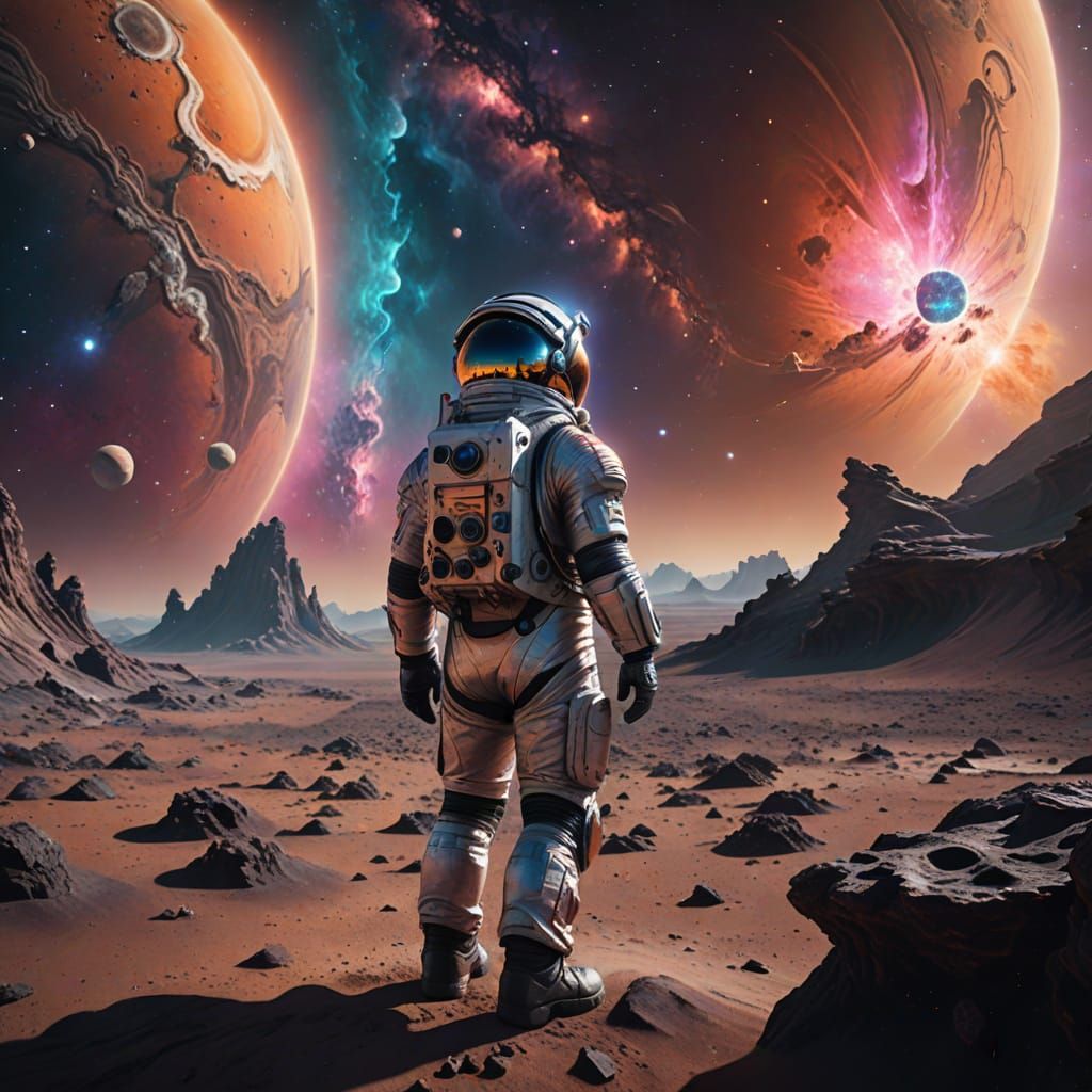 Astronaut Gazing at Nebula on Alien Planet