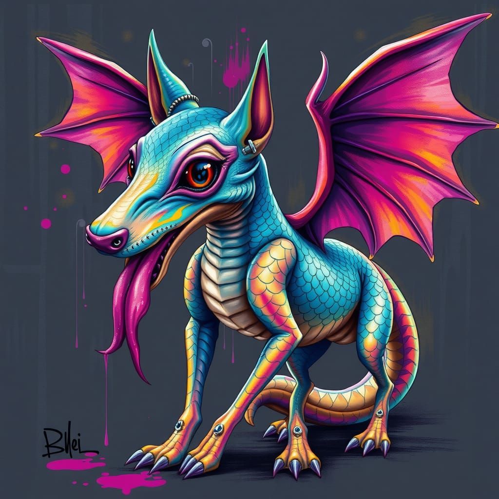 Surreal Canine-Headed Dragon with Rainbow Scales