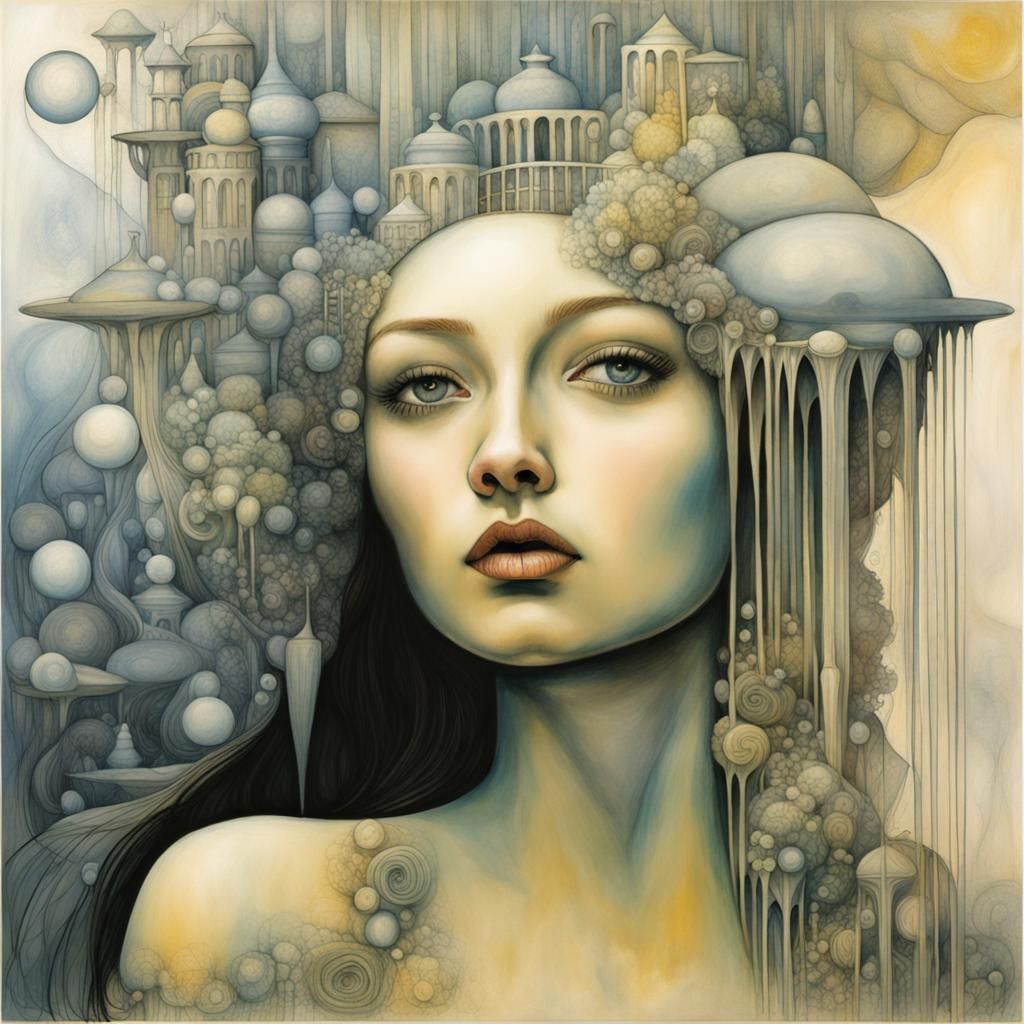 Surreal Girl in Art Brut Dreamscape