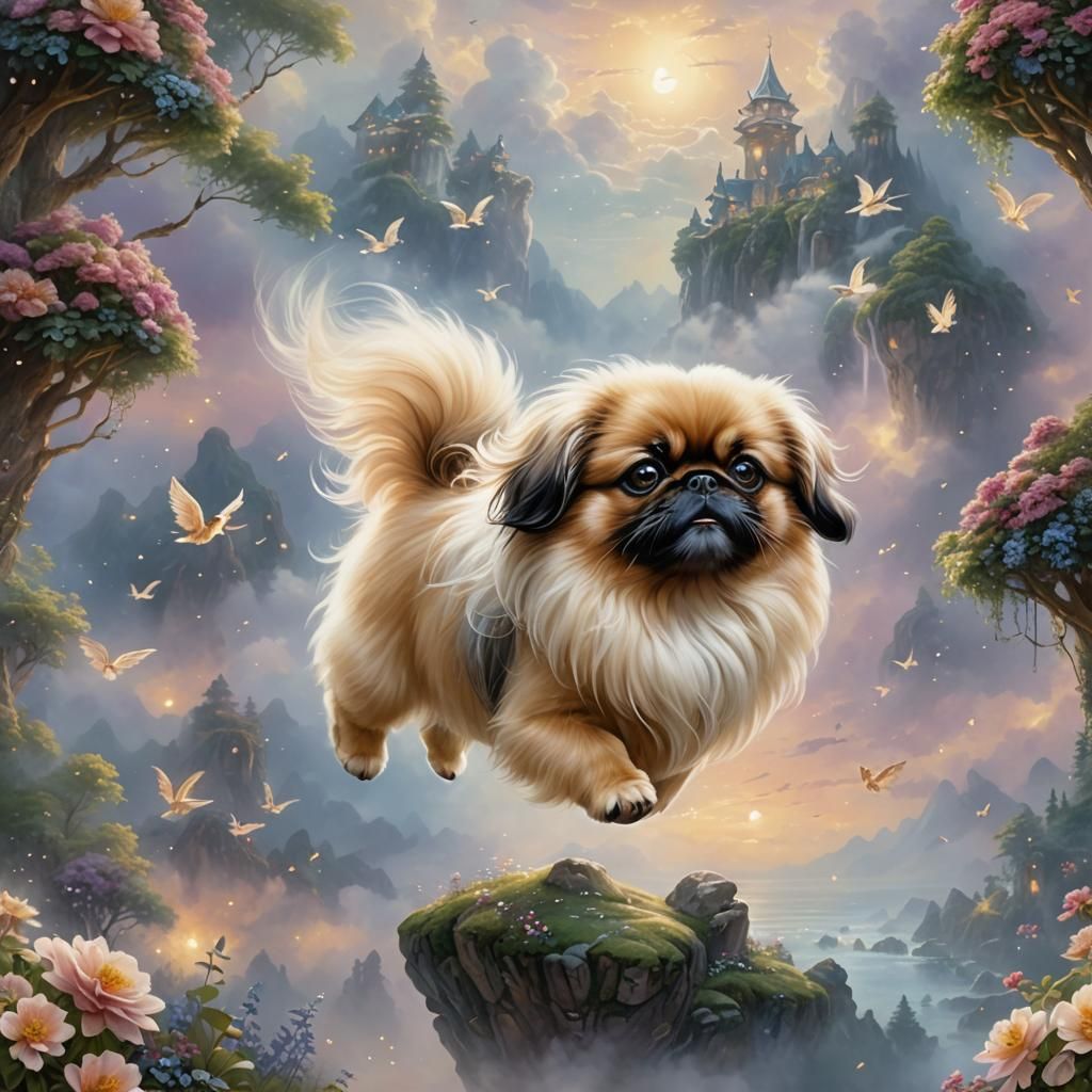 Magical Flying Pekingese in Ethereal Landscape