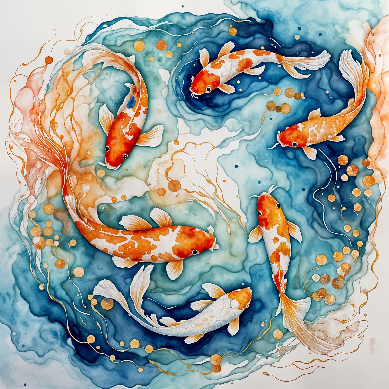 Surreal Koi Dance in Vibrant Watercolor