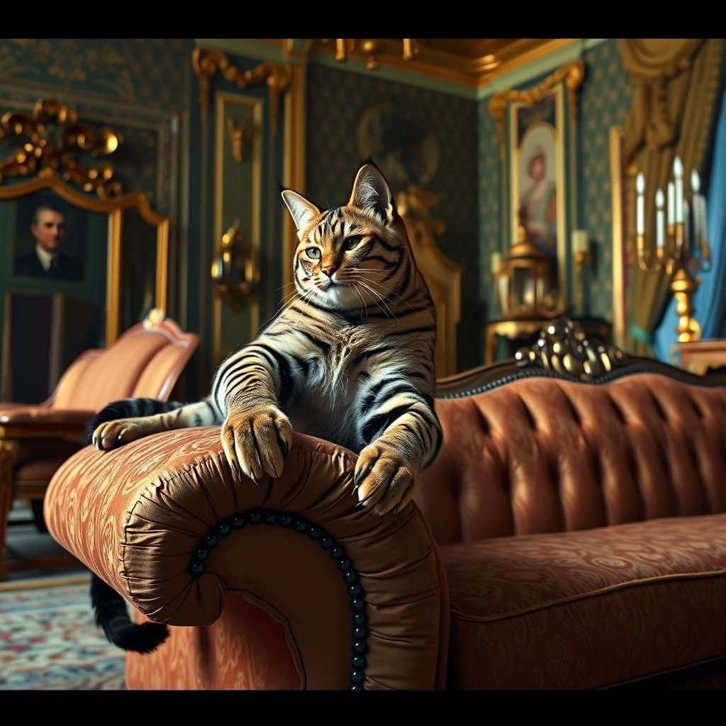 A toyger cat sharpens its claws on the plush arrest of a lux...