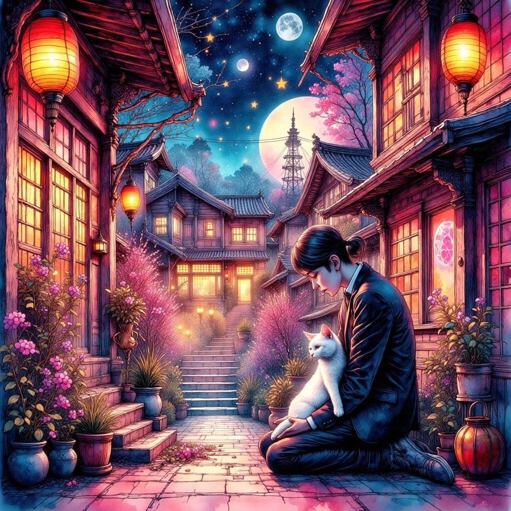 Hero Finds Lost Cat in Neon Tokyo Temple