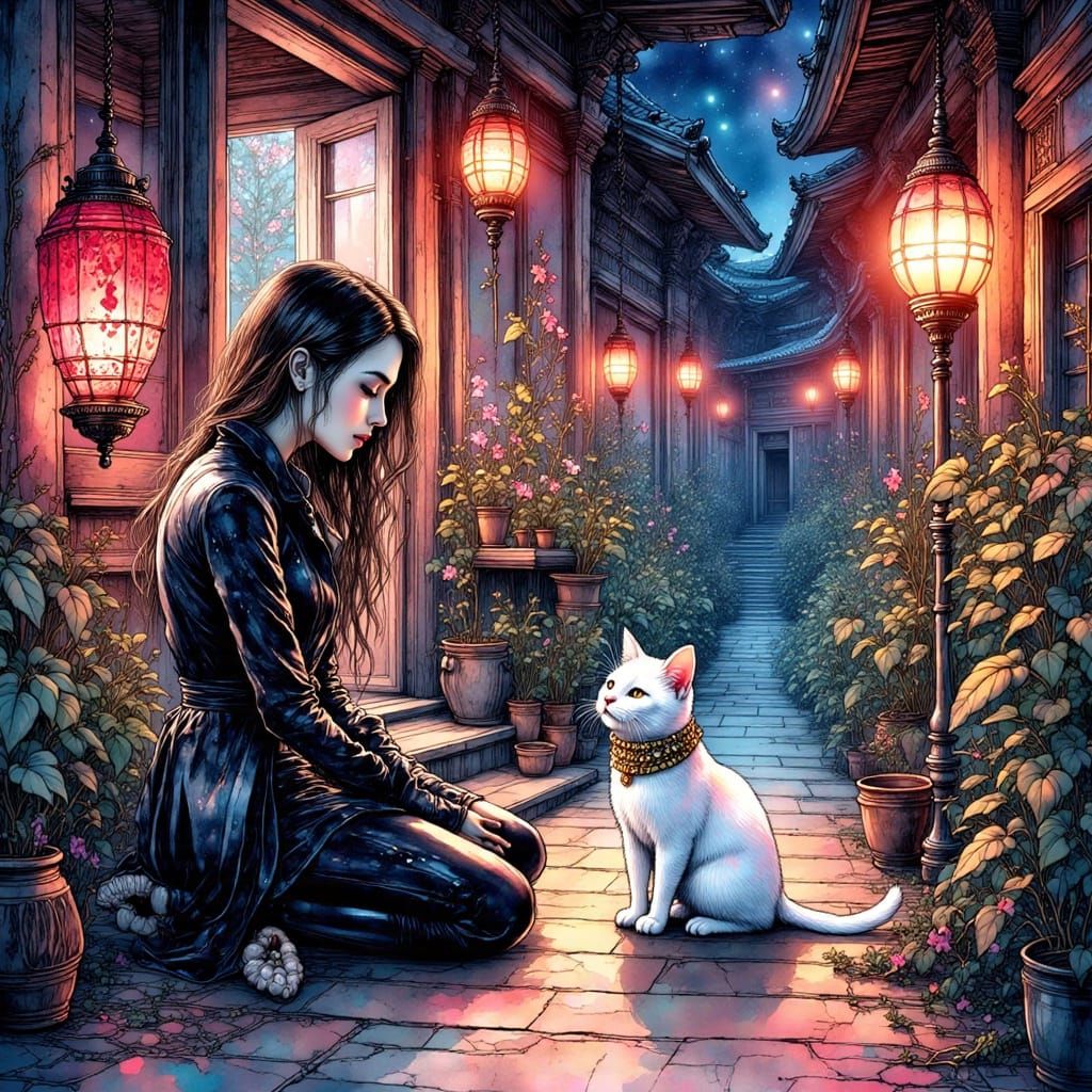 Superhero Finds Lost Cat in Tokyo, Detailed Ink Drawing