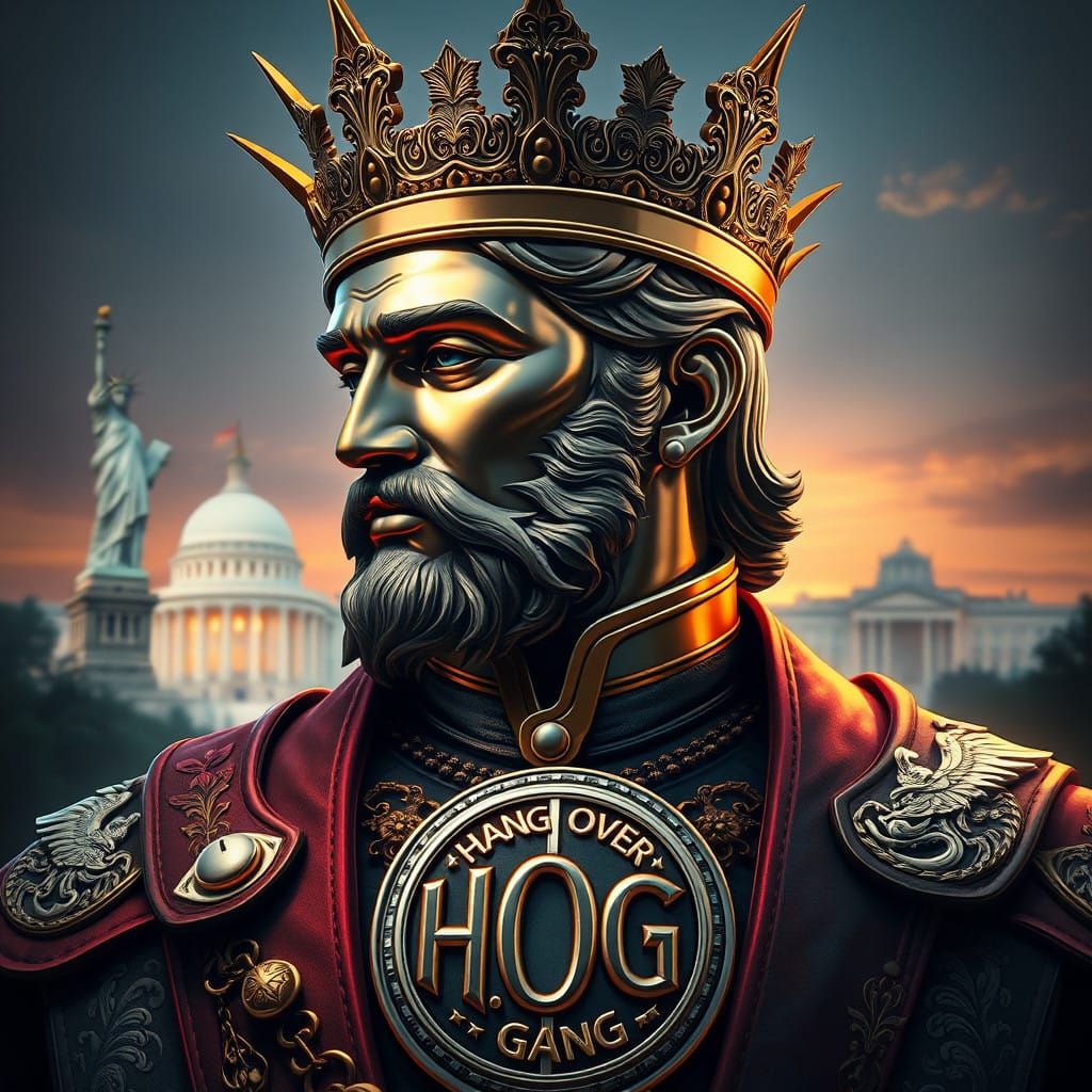 Regal Figure with Integrated Iconic Landmarks, Intricate Pat...