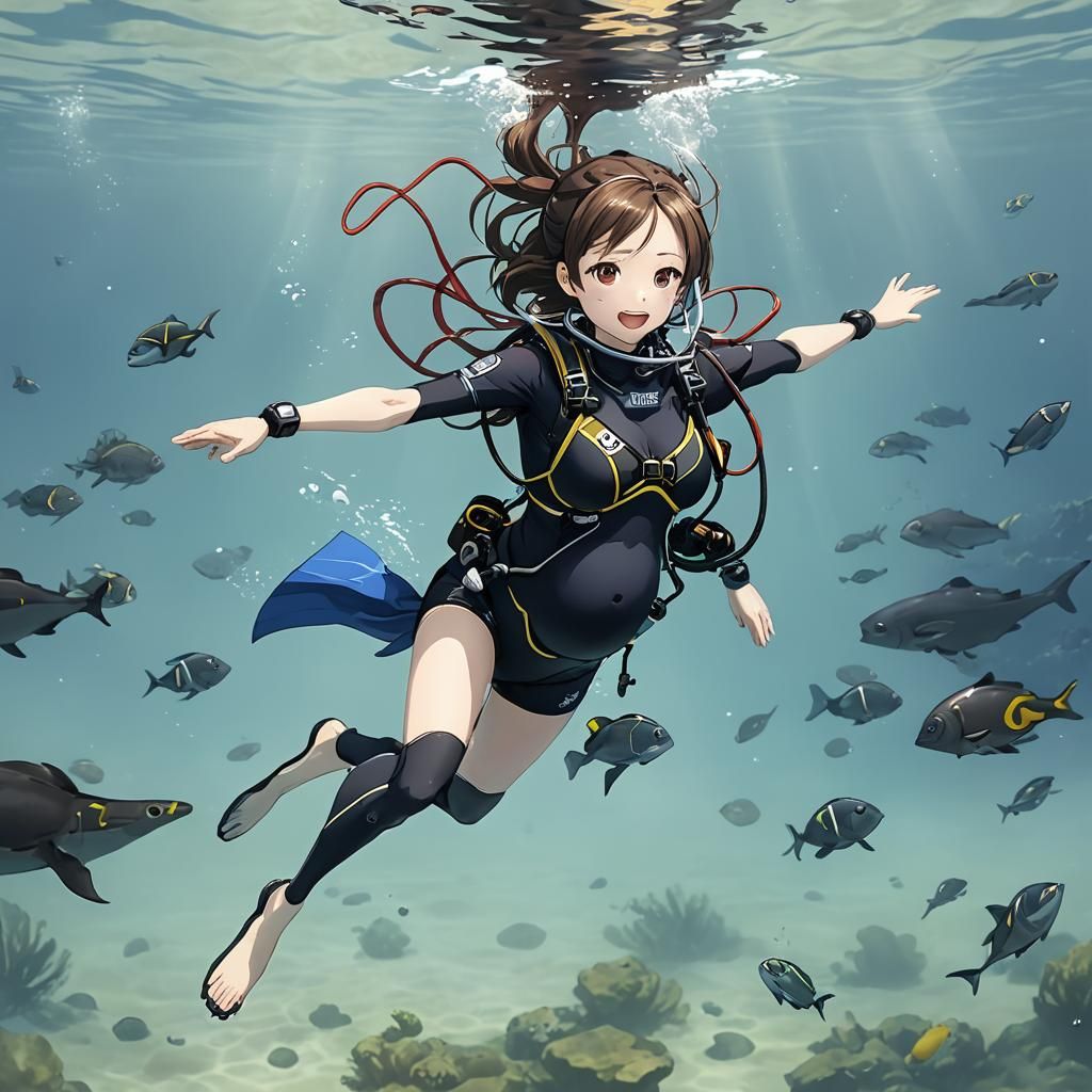 Pregnant Anime Diver in Key Visual Style