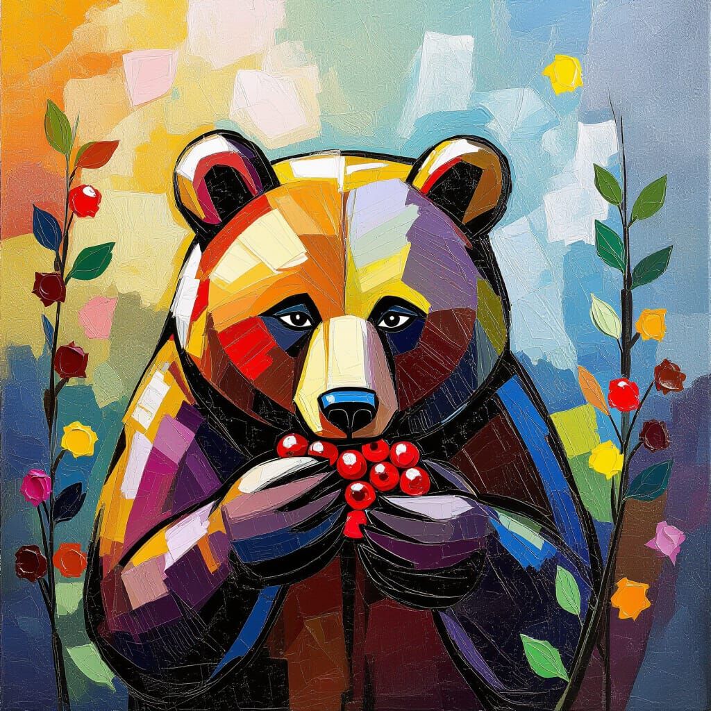 Bear Eating Berries in Neo-Impressionist Style
