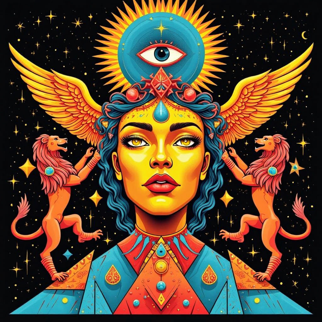 Psychedelic Golden Face with Geometric Afro-Futurism