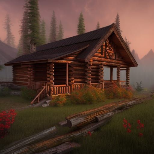 Detailed Log Cabin Matte Painting in Deep Color
