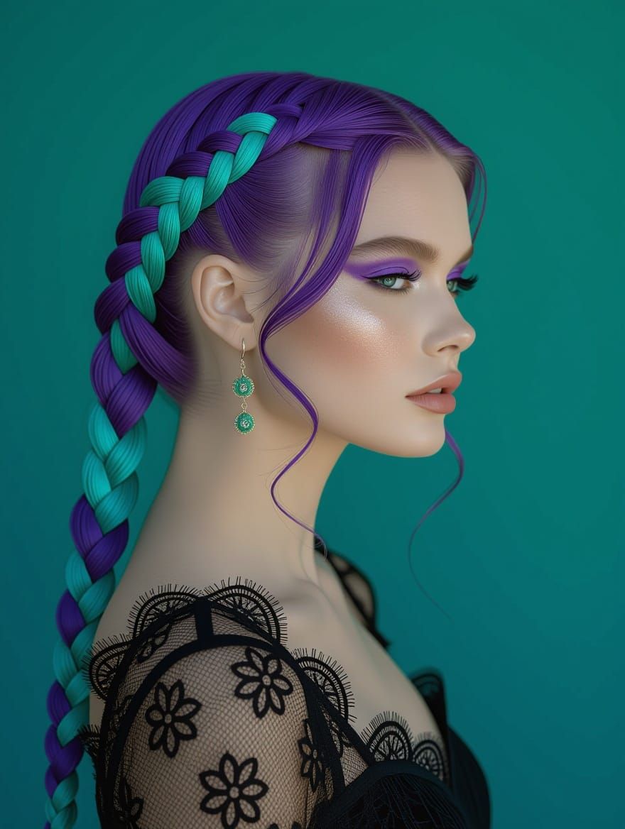 Woman in Whimsical, Fantasy-Inspired Attire with Turquoise H...