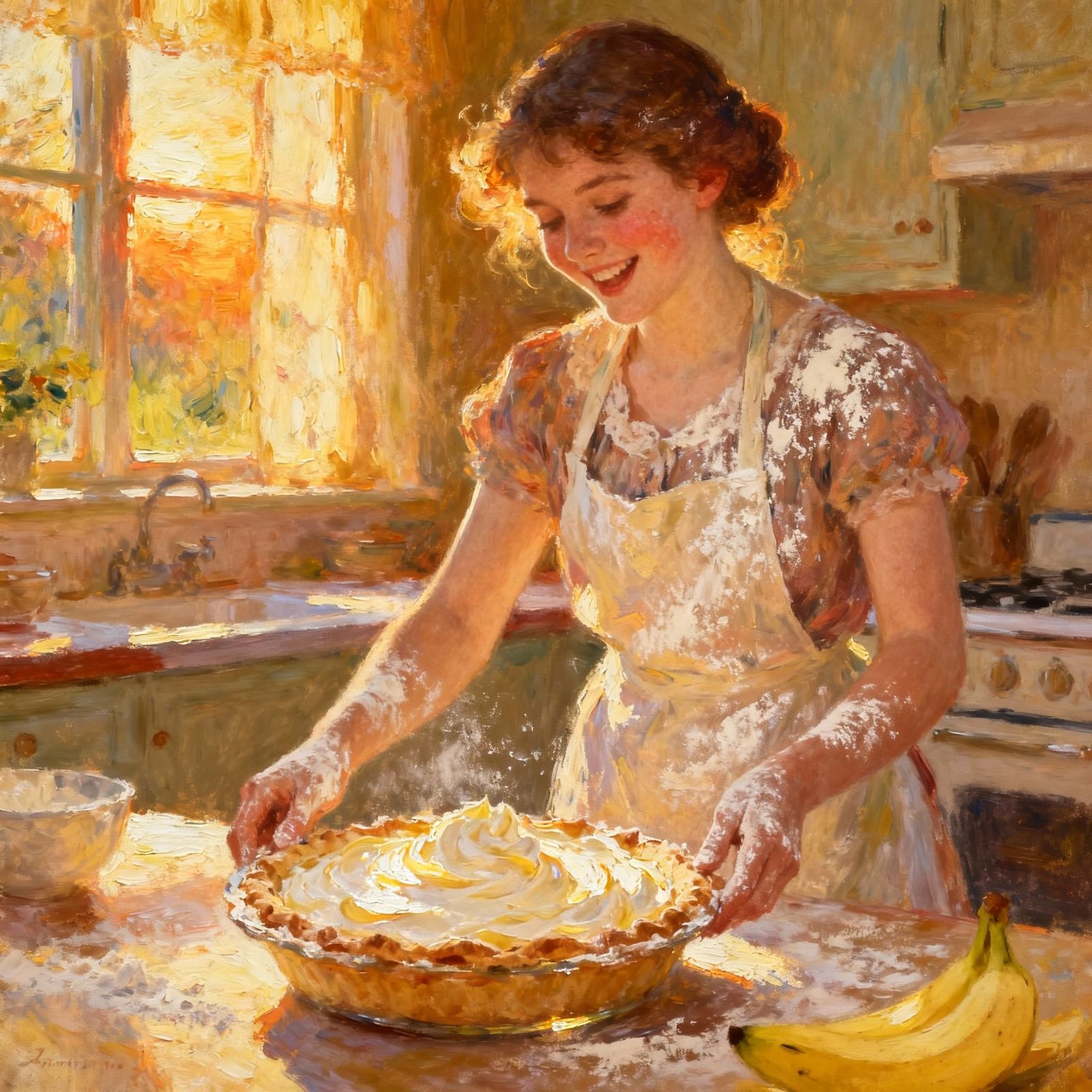 Woman Baking Banana Cream Pie in Sunlit Kitchen