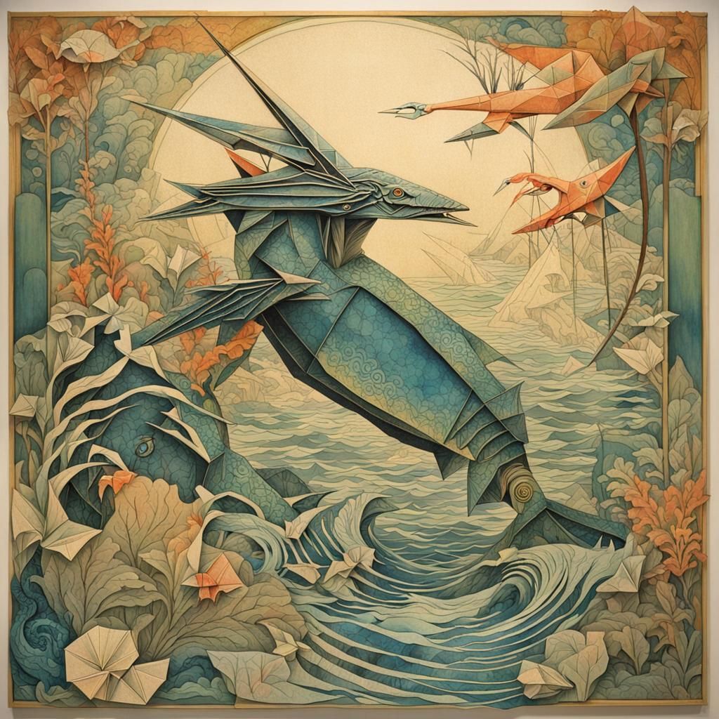 Nature Origami Horrorcore: An Alphonse Mucha Aquatic Scene