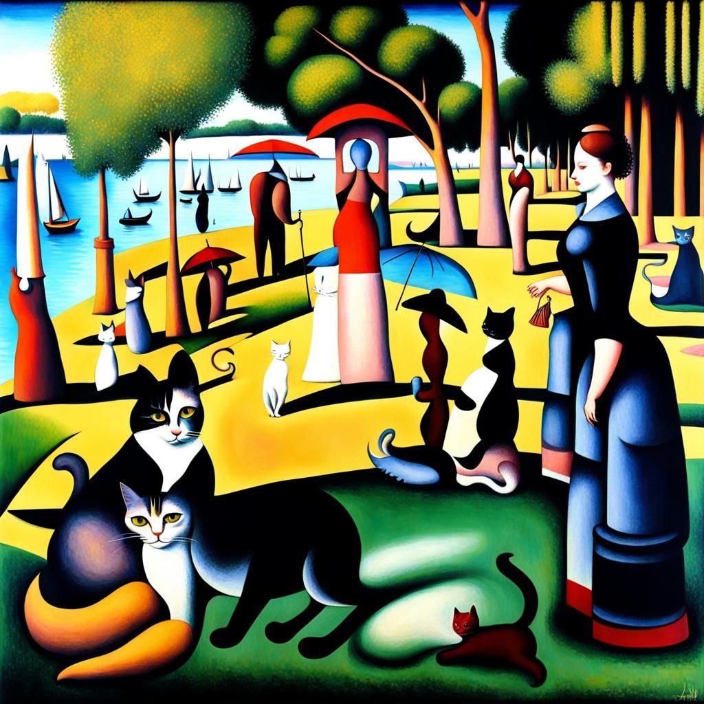 Cats Recreate a Pointillist Surrealist Masterpiece