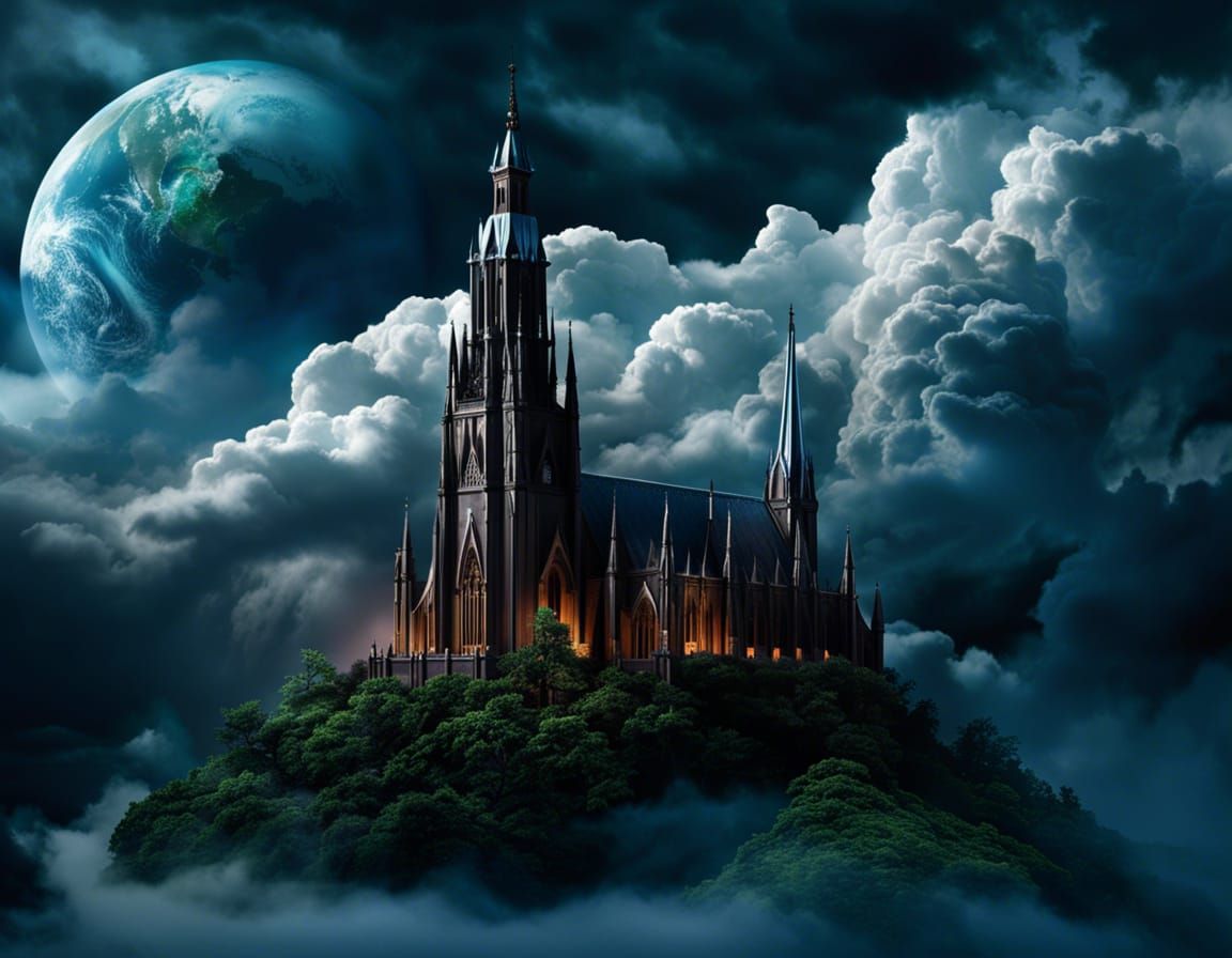 Floating Gothic Cathedral in Dark Fantasy Moonscape